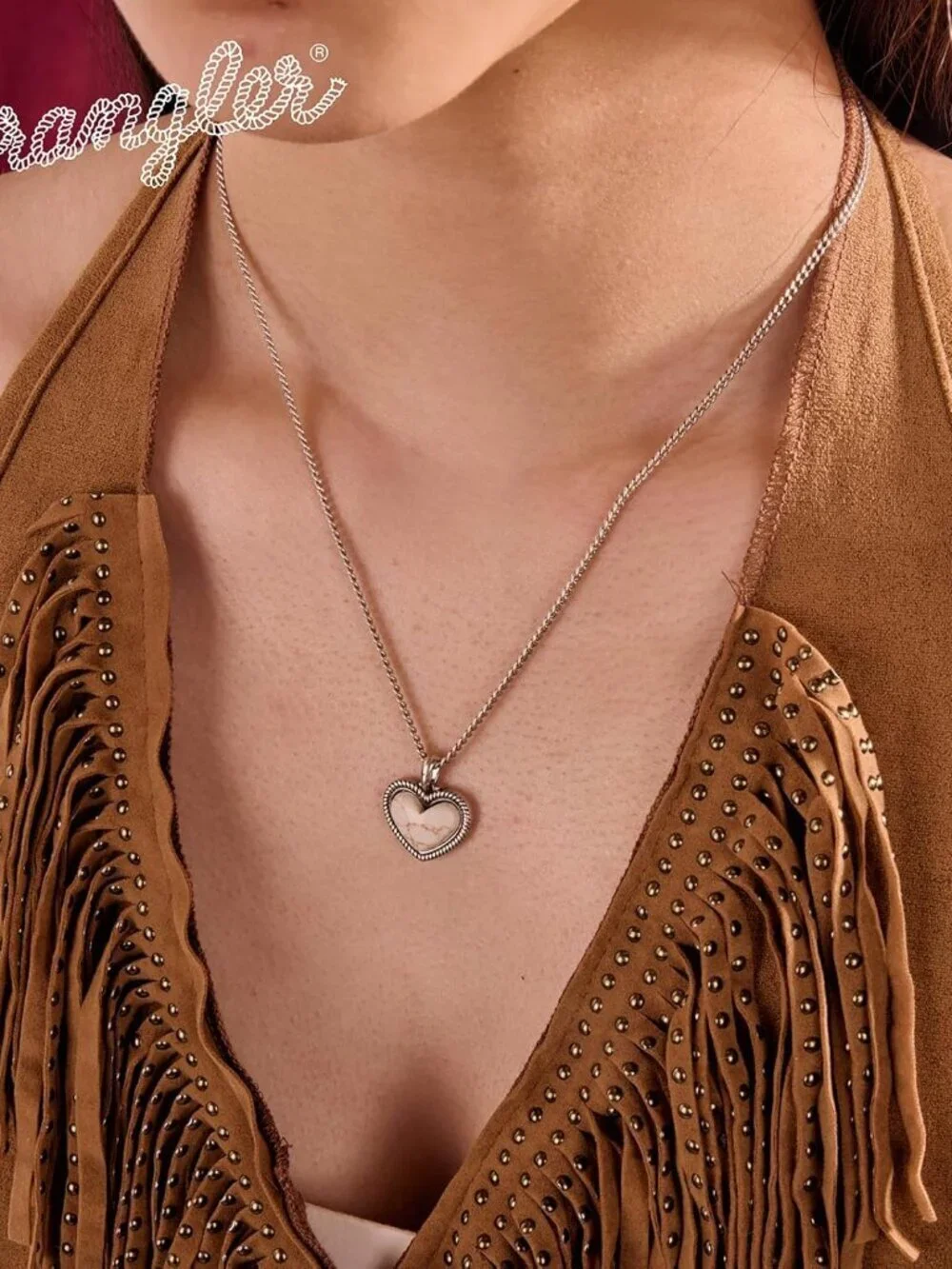 Women Silver White Western Gold Plated Wrangler Heart Turquoise Pendant Necklace